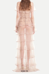 eudora floral inspired ruffle layer tulle gown in nude