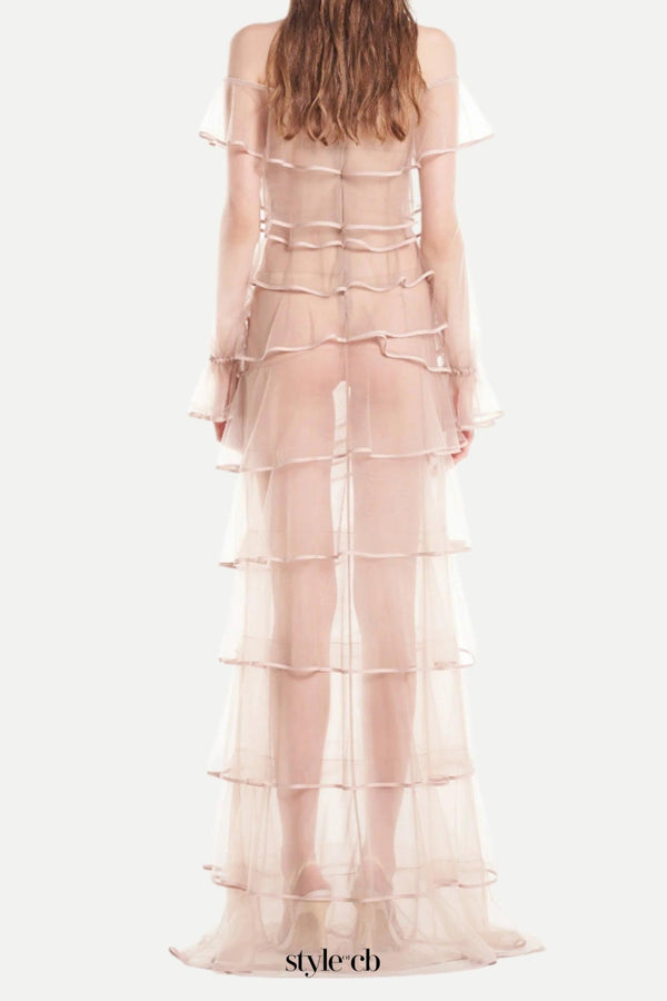 eudora floral inspired ruffle layer tulle gown in nude