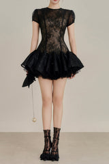 kelly sequin lace puffy mini dress in black
