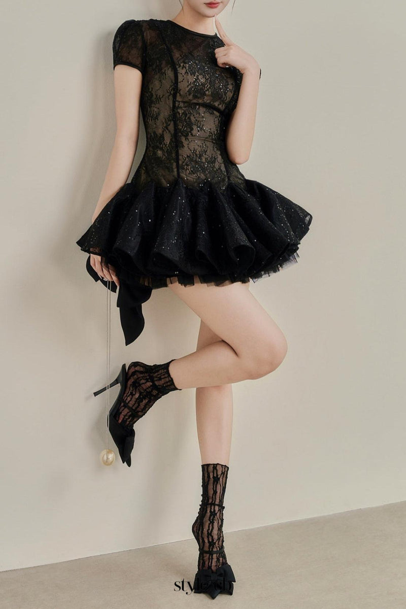 kelly sequin lace puffy mini dress in black