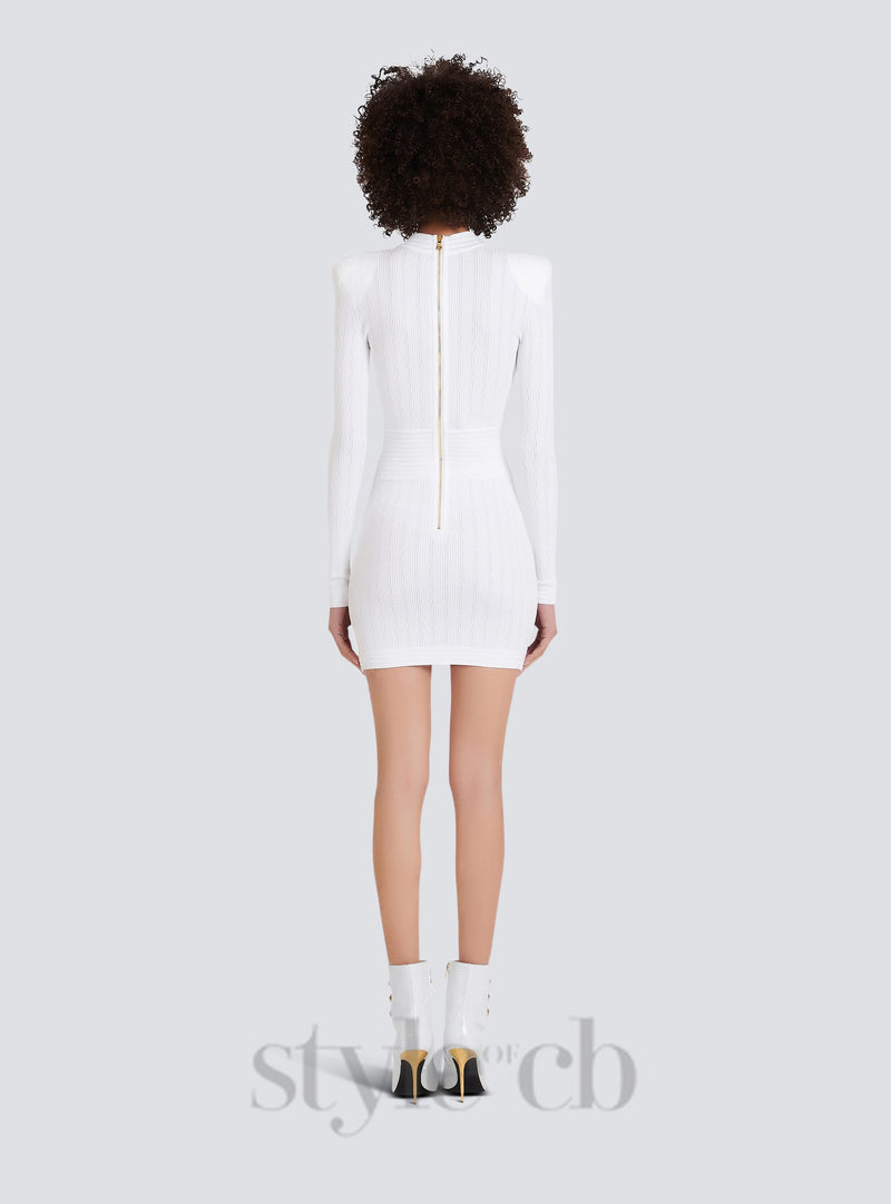 TARA WHITE SHORT KNITTED MINI DRESS WITH GOLD BUTTONS