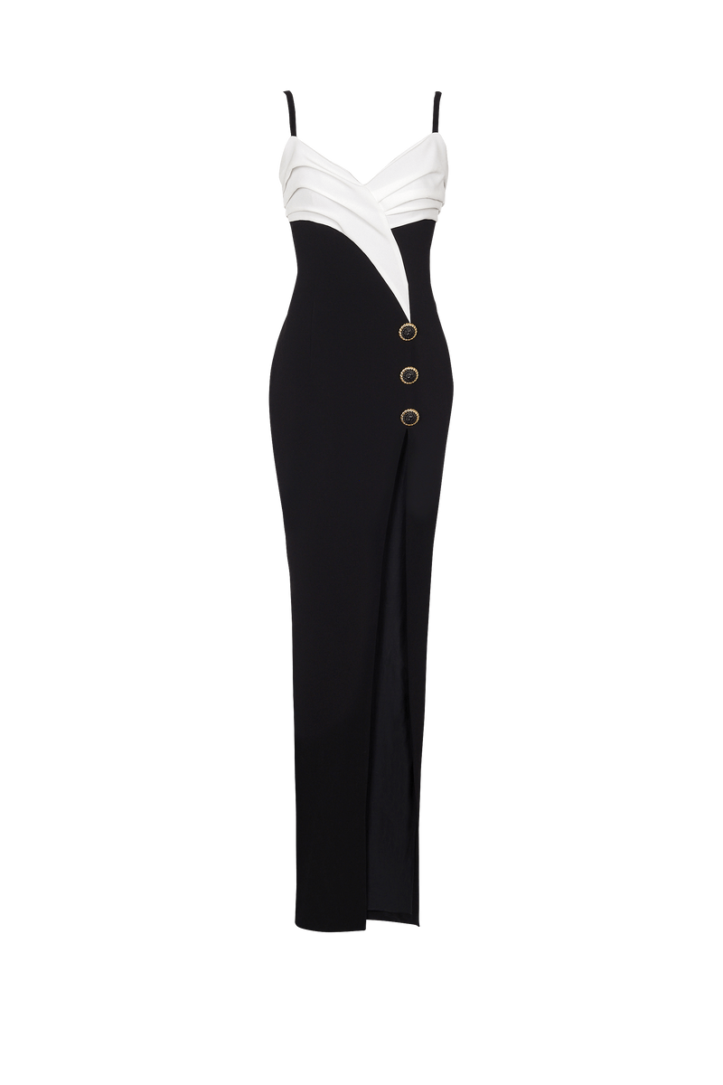 Two-tone crepe maxi dress with leg slit