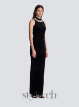 embroidered velvet halterneck maxi dress in black