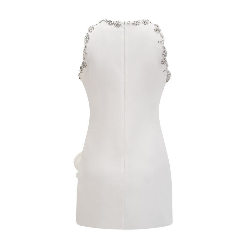 CRYSTAL BOW-DETAIL MINI DRESS IN WHITE