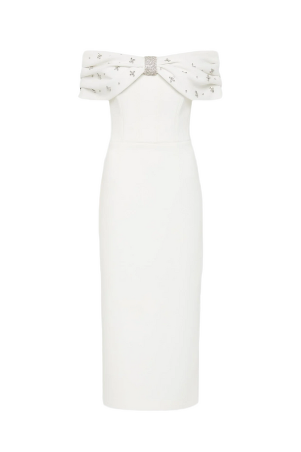 Off Shoulder Crystal Embellished Midi Dress