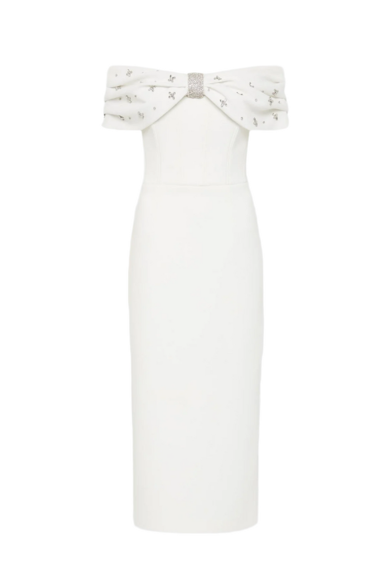 Off Shoulder Crystal Embellished Midi Dress