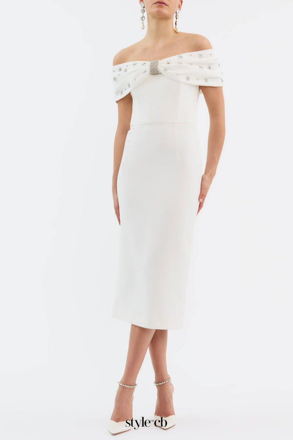 Off Shoulder Crystal Embellished Midi Dress