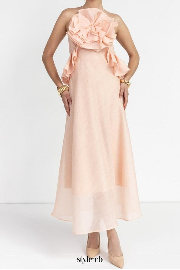 aurora Halter Neck Ruffle Maxi Dress in pink