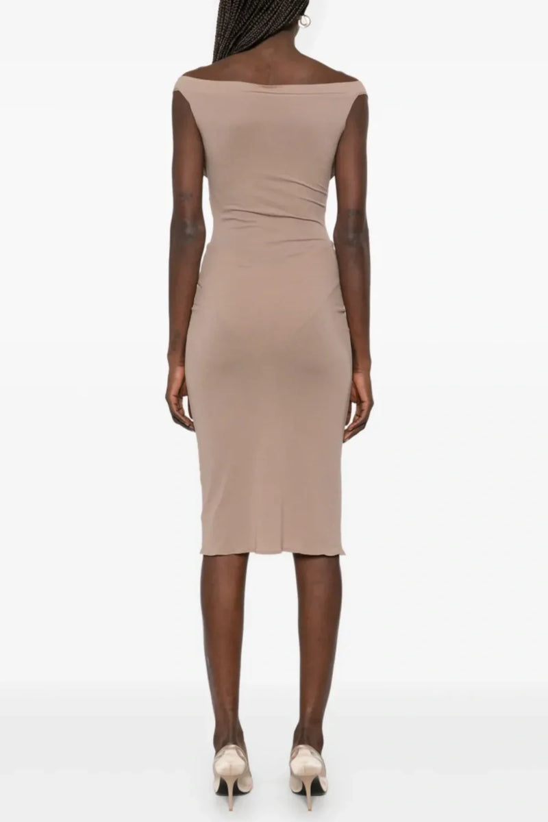Dinella Floral Appliqué Corset Midi Dress in Grey