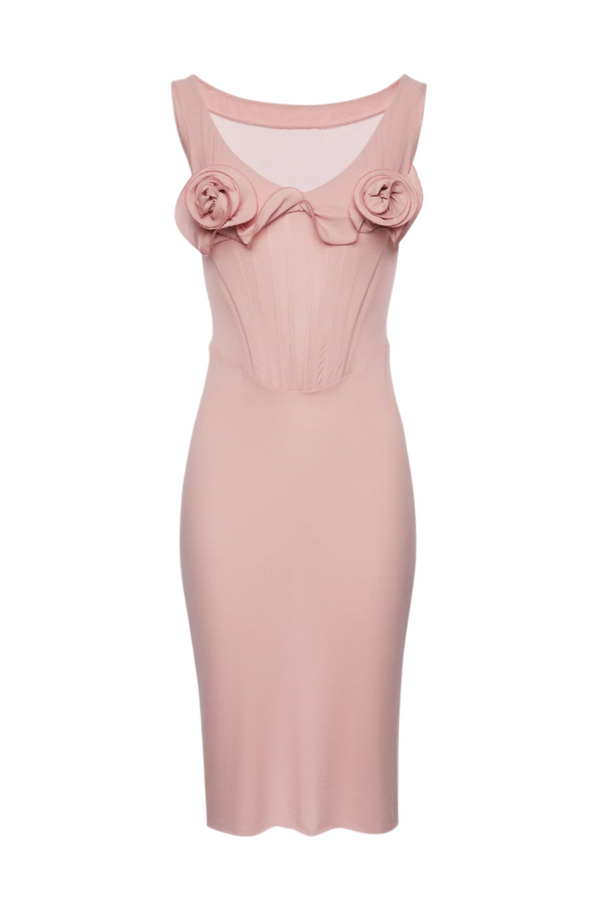 Dinella Floral Appliqué Corset Midi Dress in Pink