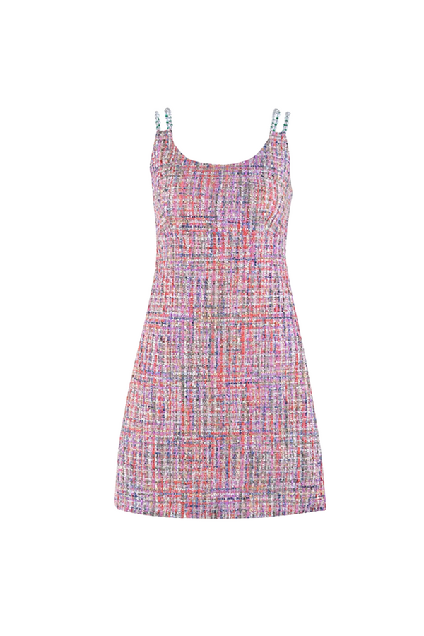 joanna Round Neck Bradde Chain Sleeveless Tweed Mini Dress