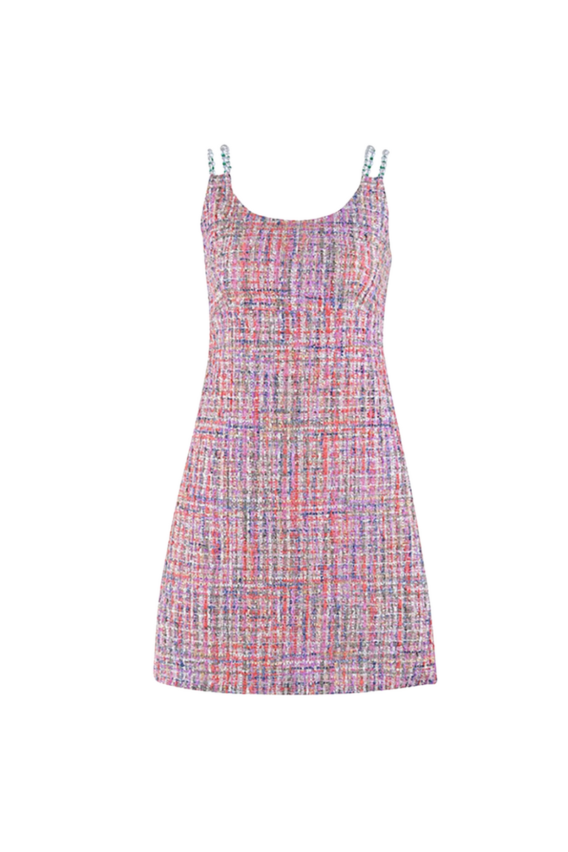 joanna Round Neck Bradde Chain Sleeveless Tweed Mini Dress