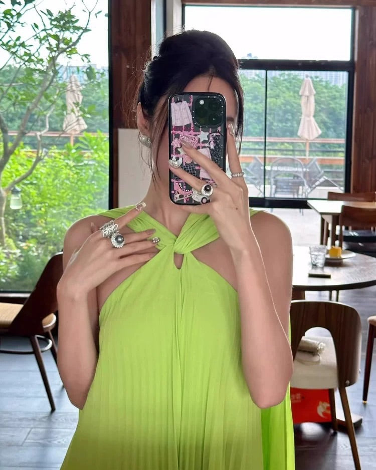 alyssa pleated grass green maxi dress