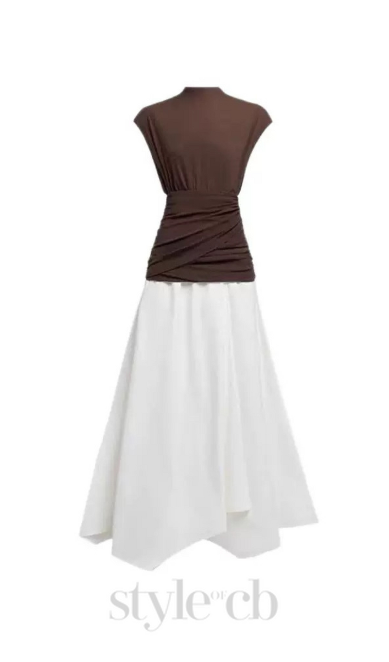 brown Waist cross pleats midi dress with asymmetric hemline