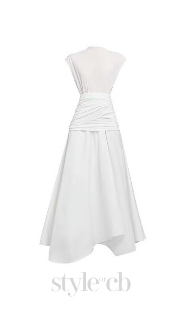 white Waist cross pleats midi dress with asymmetric hemline