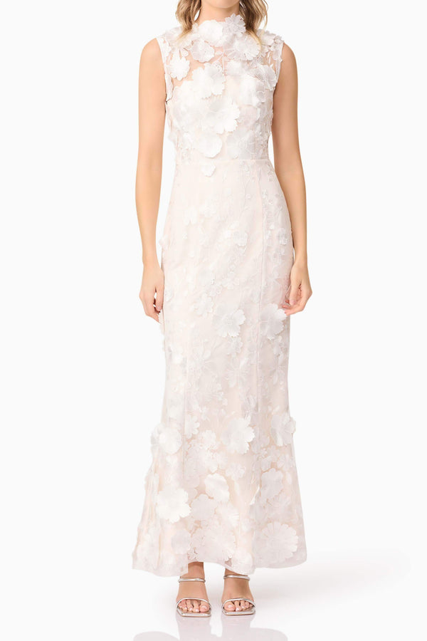 Yvette 3D flower embroidery Gown in White