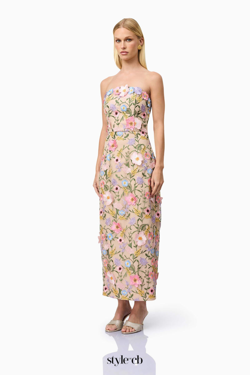 Helena Strapless Midi Dress In Floral apricot