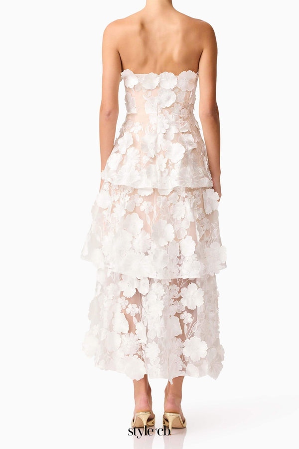 Selene 3D flower Tiered Maxi Dress In White