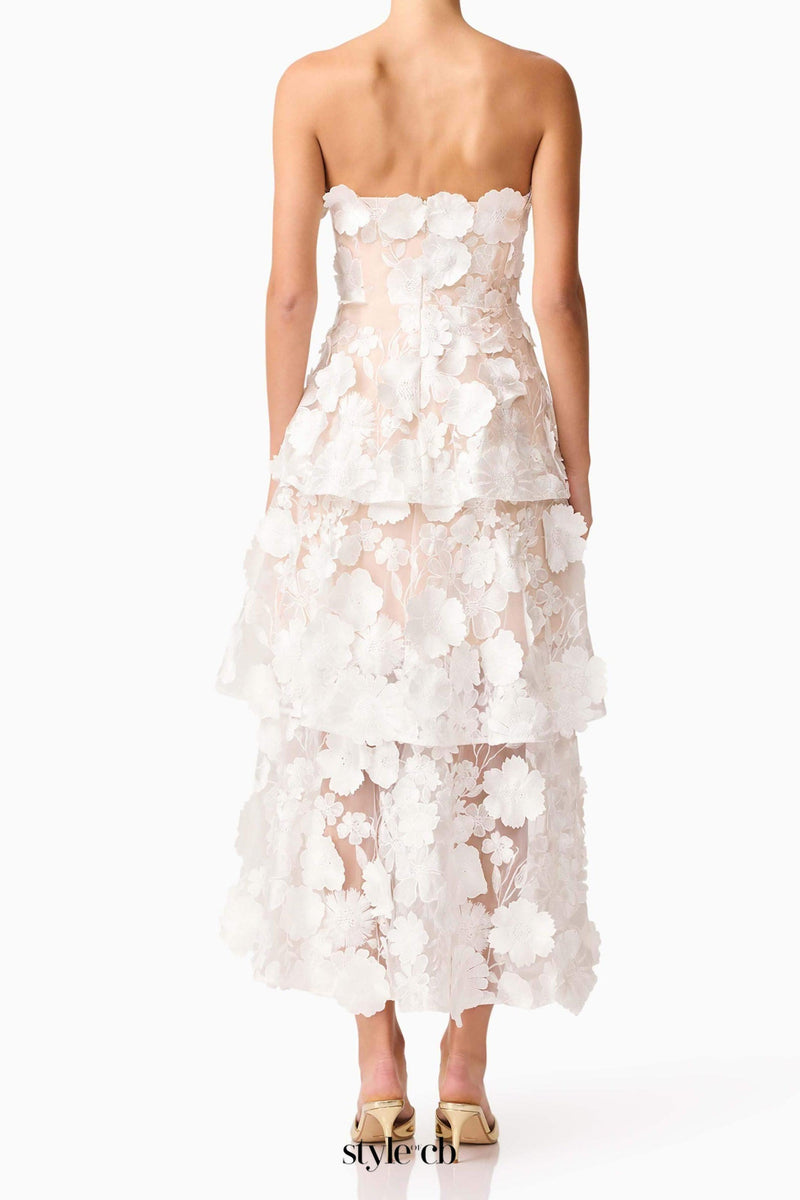 Selene 3D flower Tiered Maxi Dress In White