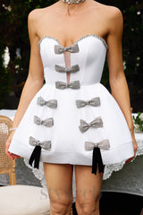 Esther Diamante Bowknots Mini Dress in White