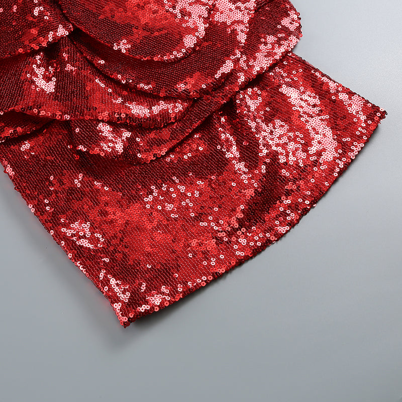 RED FLORAL-EMBELLISHED SEQUINED MINI DRESS