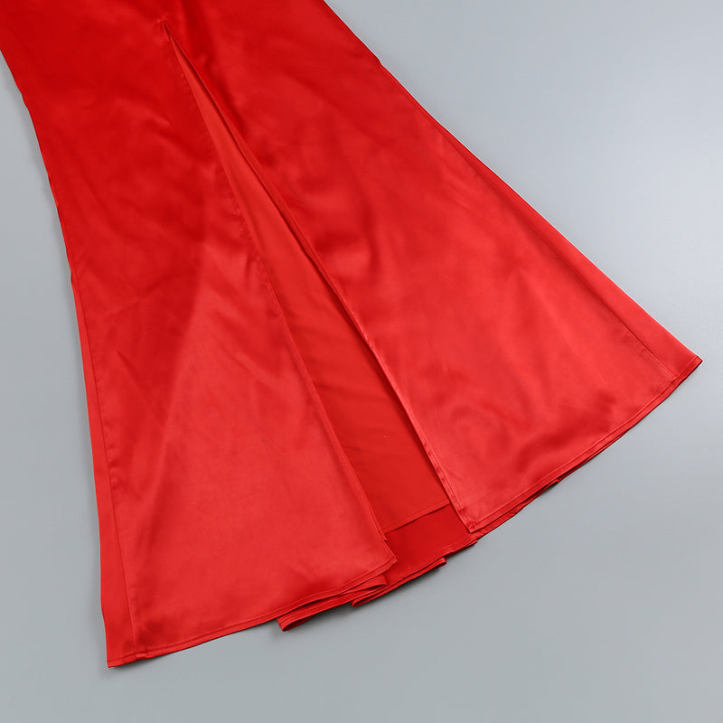 HALTER PLEATS SATIN MAXI DRESS IN RED