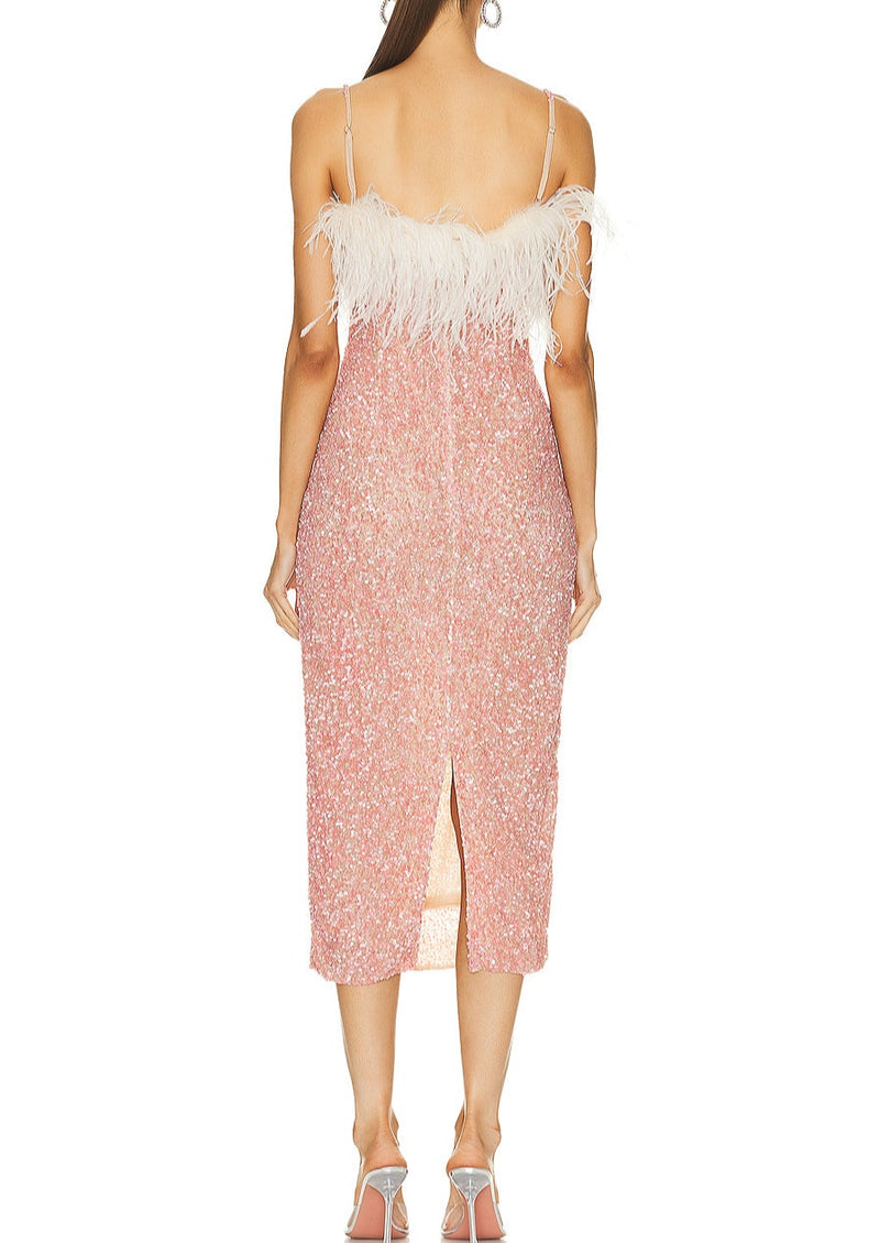 PINK SEQUIN-EMBELLISHED FEATHER MIDI DRESS