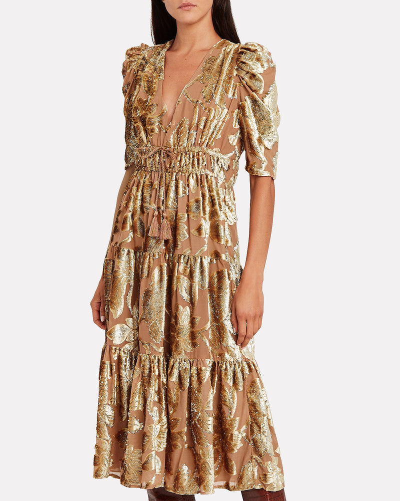 loretta metallic devoré gold midi dress