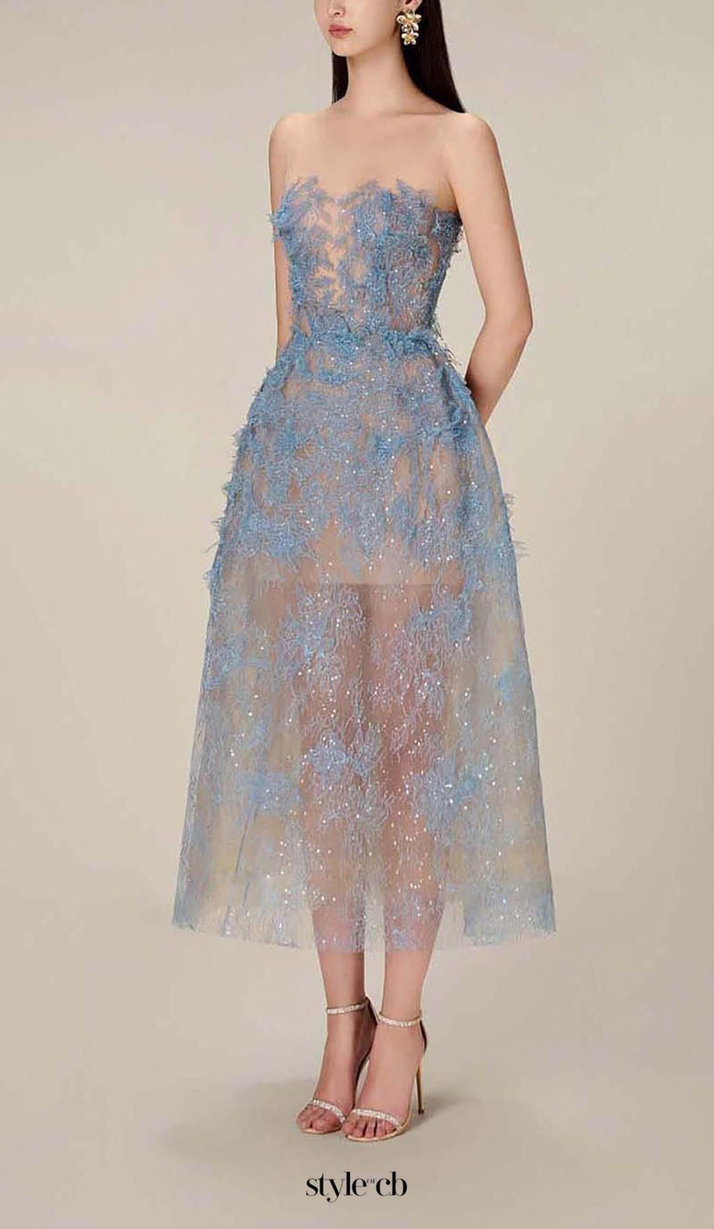 BLUE FLORAL LACE EMBROIDER MIDI DRESS