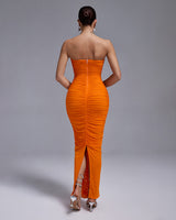 ORANGE OPEN BACK RUCHED FLOWER BODYCON MAXI DRESS