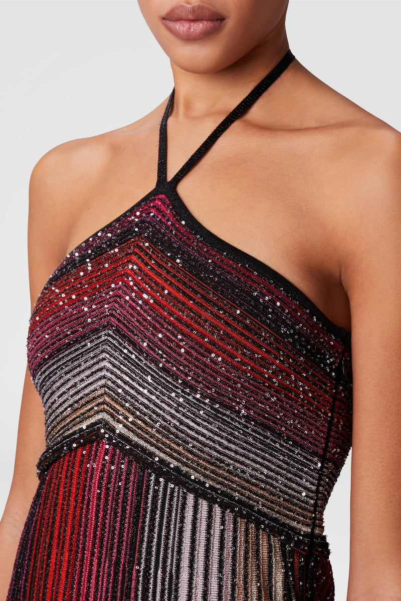 Halter Metallic Gradient Knit Maxi Dress - Red
