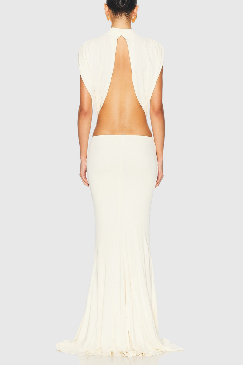 bernice Bow Patch Cut Backless Maxi Dress in white