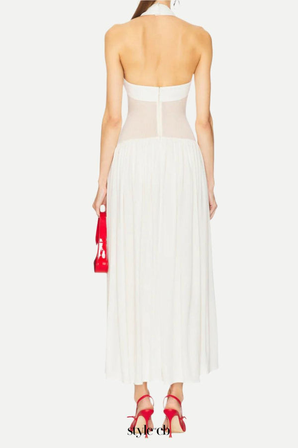 hilary Halter Neck Ruffle Maxi Dress in white