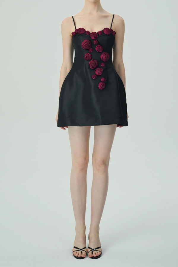 Elegant Burgundy 3D Floral Black Satin Mini Dress