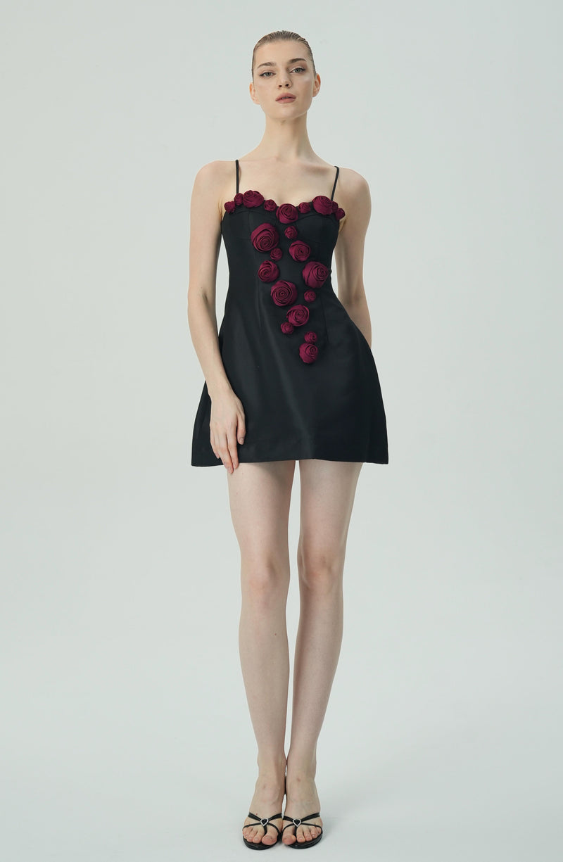 Elegant Burgundy 3D Floral Black Satin Mini Dress