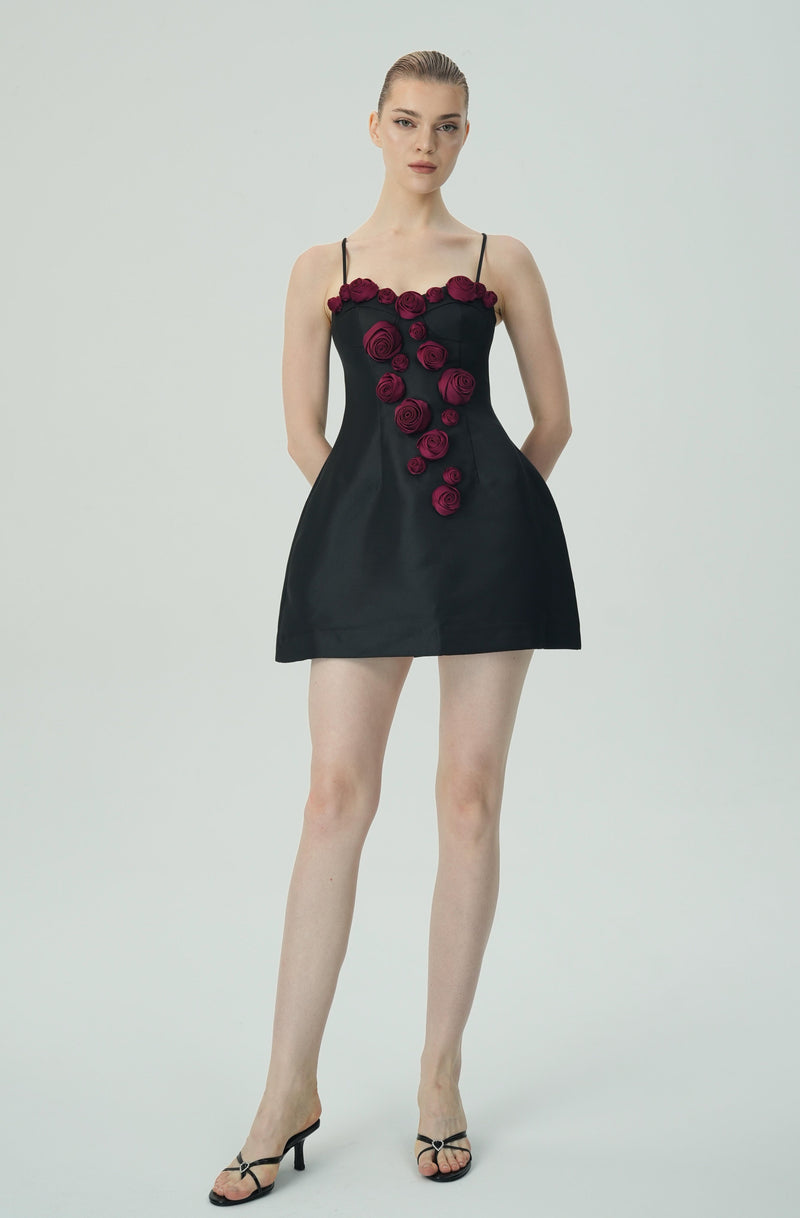 Elegant Burgundy 3D Floral Black Satin Mini Dress