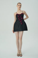 Elegant Burgundy 3D Floral Black Satin Mini Dress