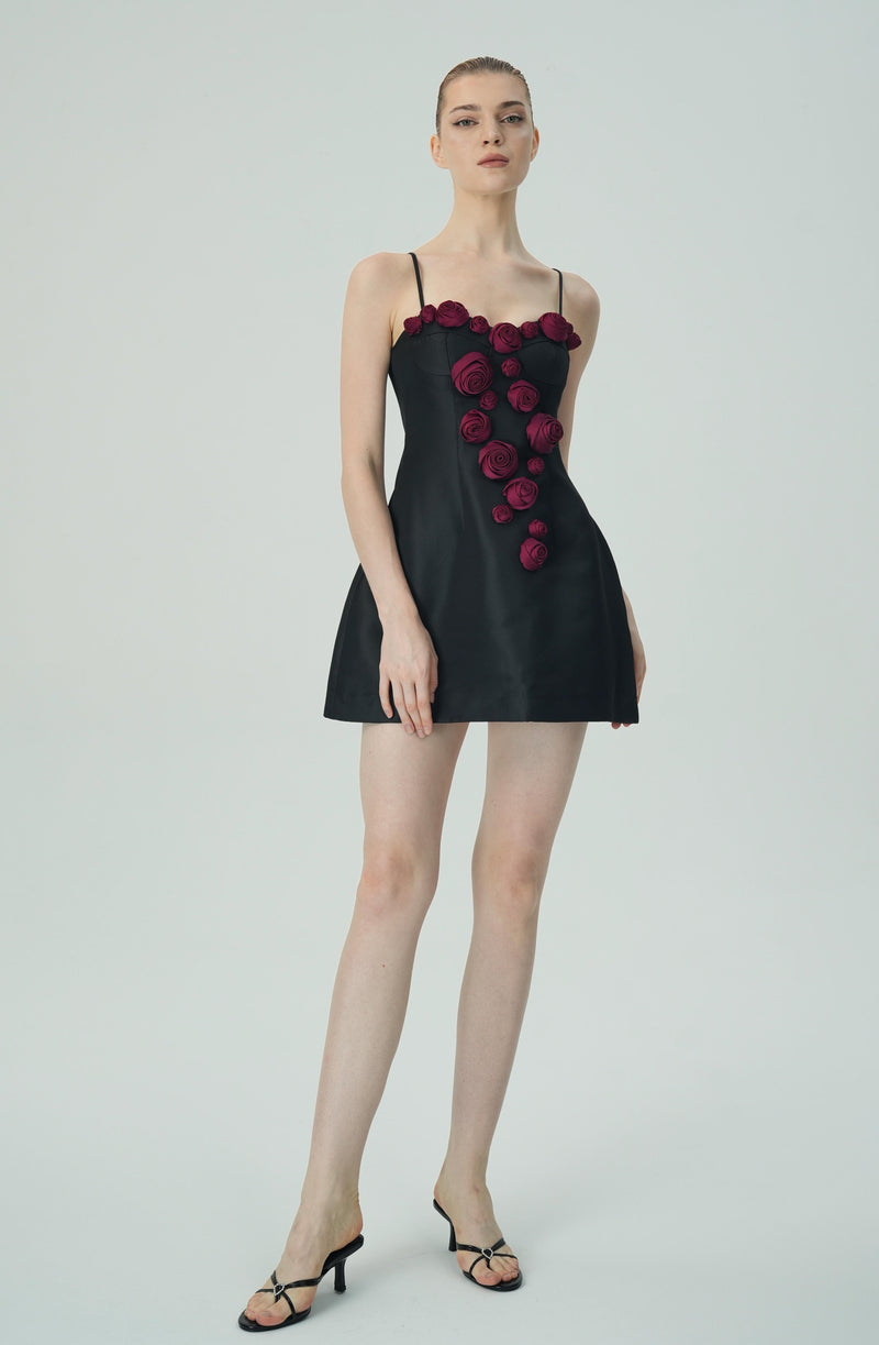 Elegant Burgundy 3D Floral Black Satin Mini Dress