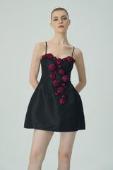 Elegant Burgundy 3D Floral Black Satin Mini Dress