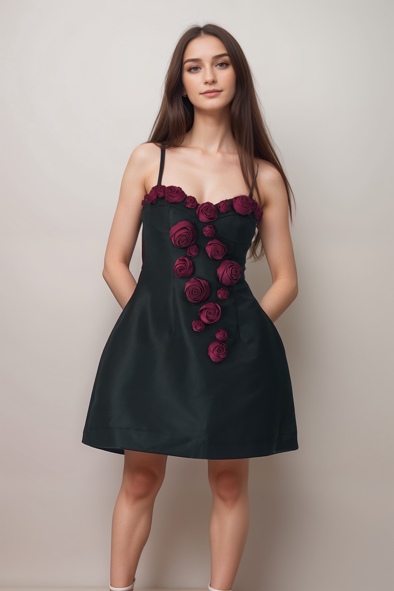 Elegant Burgundy 3D Floral Black Satin Mini Dress