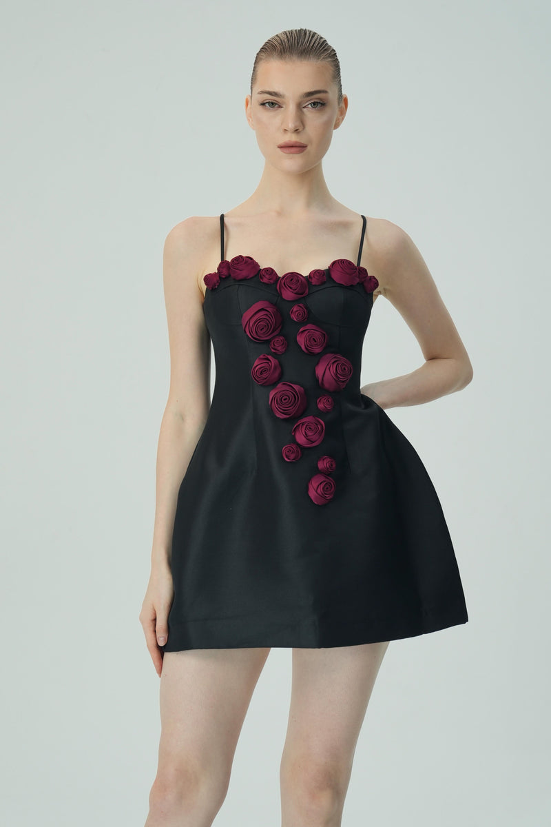 Elegant Burgundy 3D Floral Black Satin Mini Dress