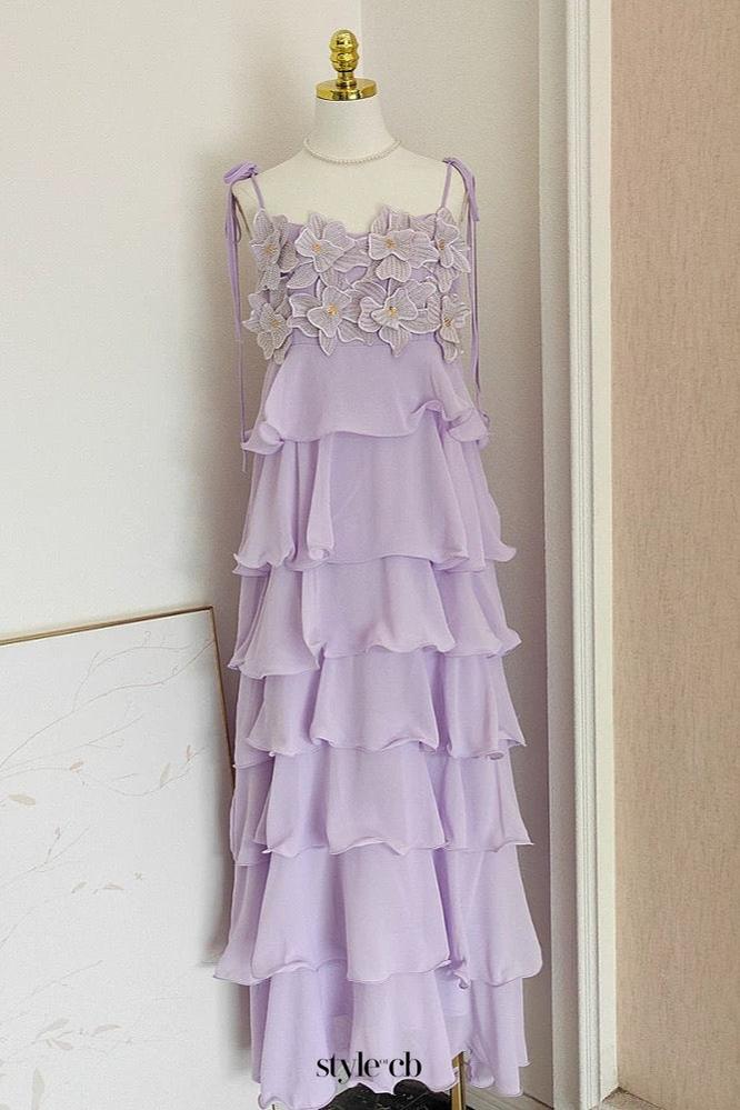 stacey sequined 3d-petal tiered maxi dress in purple