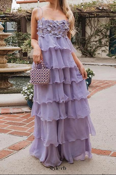 stacey sequined 3d-petal tiered maxi dress in purple