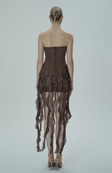 Shimmering Brown Strapless Mini Dress with Rhinestones & Cascading Ruffle Details