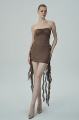 Shimmering Brown Strapless Mini Dress with Rhinestones & Cascading Ruffle Details