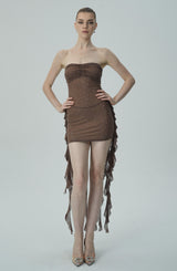 Shimmering Brown Strapless Mini Dress with Rhinestones & Cascading Ruffle Details