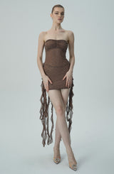 Shimmering Brown Strapless Mini Dress with Rhinestones & Cascading Ruffle Details