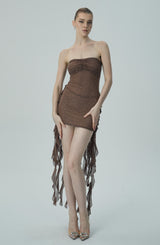 Shimmering Brown Strapless Mini Dress with Rhinestones & Cascading Ruffle Details