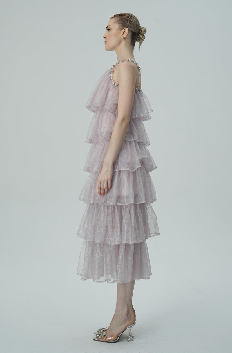 Layered Ruffle Halter Dress with Sparkle Sheer Fabric