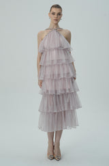 Layered Ruffle Halter Dress with Sparkle Sheer Fabric